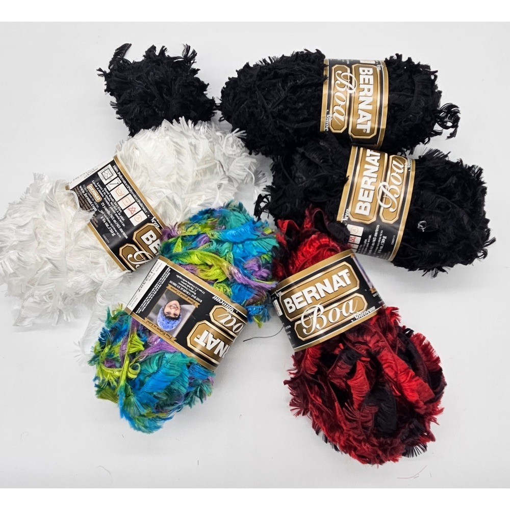 Bernat Boa Eyelash Yarn Lot of 5 Skeins Black White Red Peacock Multi Bulky 50g‎